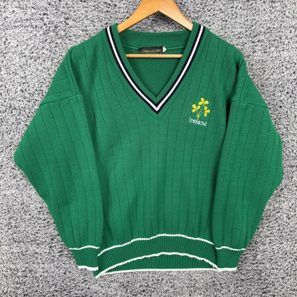 Vintage Ireland Sweater Mens Large Green Acrylic Knit Irish Made 70s 80s Swallow